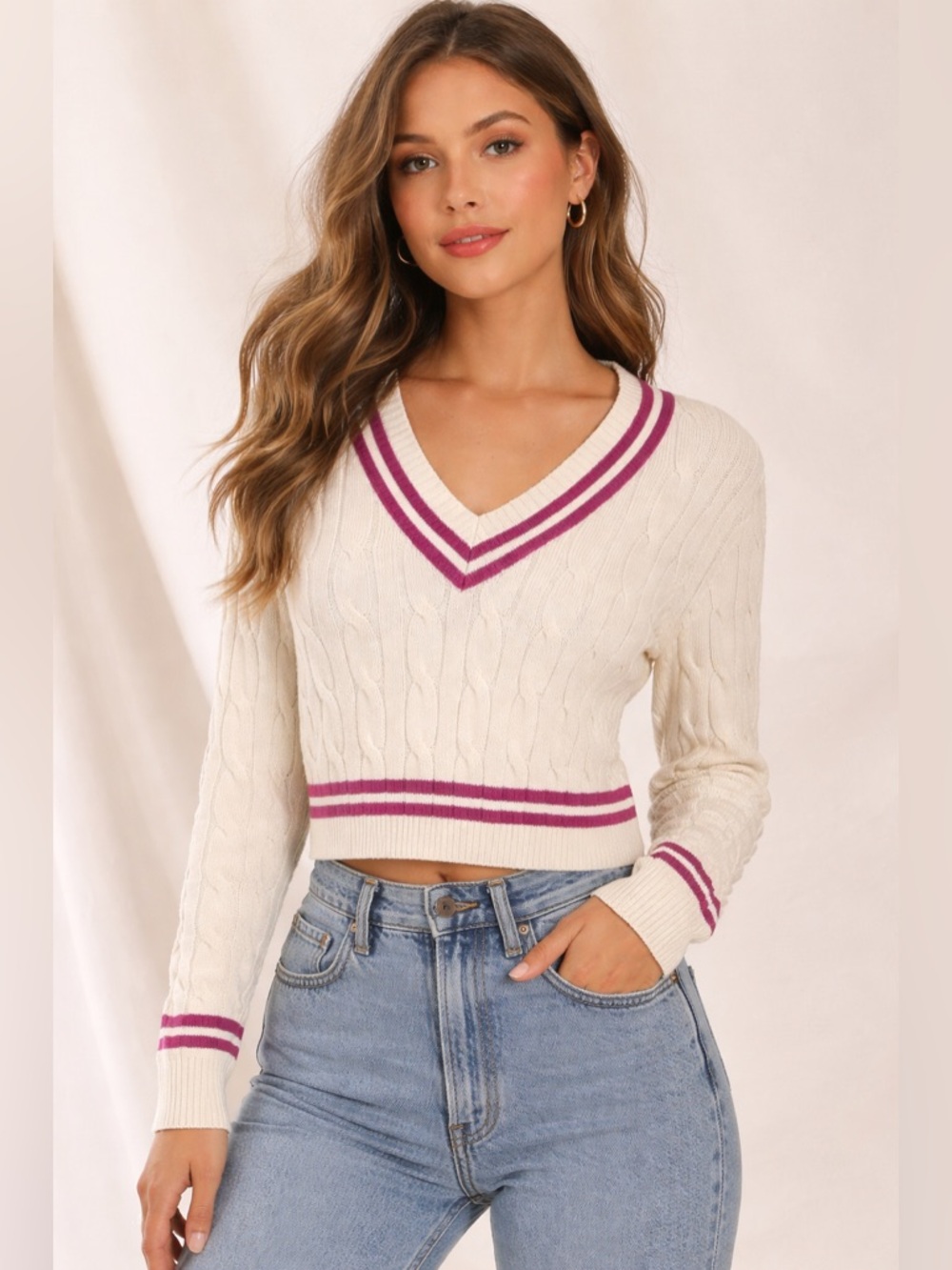 Olivaceous V-Neck Sweater - White with Pink Trim